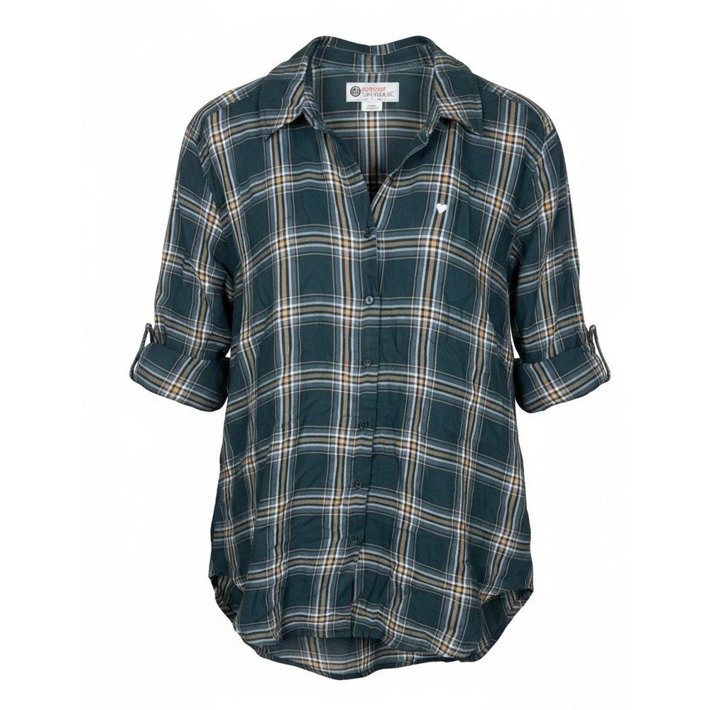 Sundry for Evereve Size 2/US M Green Plaid Lightweight Button Up Shirt Roll Tab